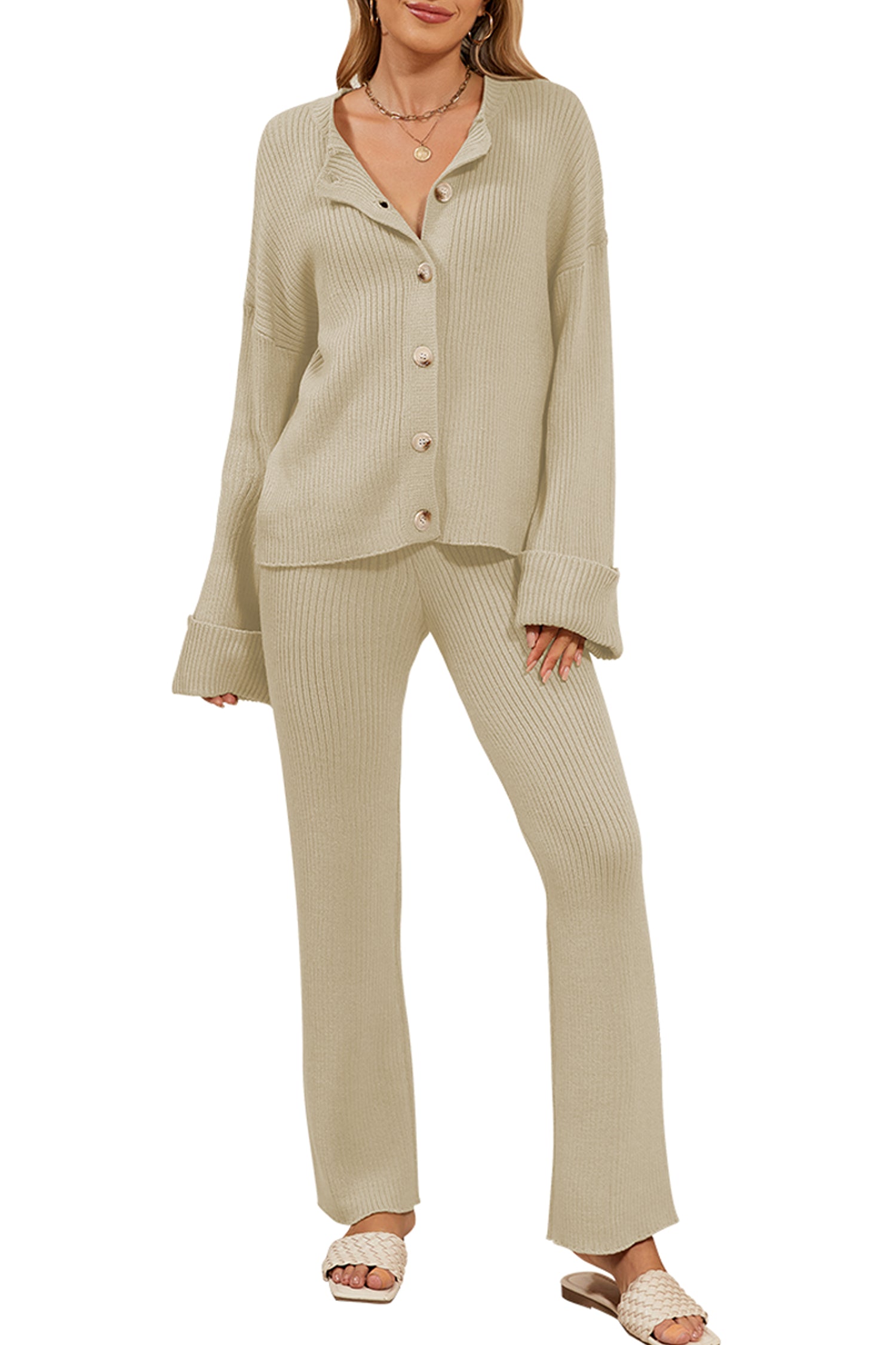 Cakulo Women's Loungewear Button Sweater & Wide Leg Pants
