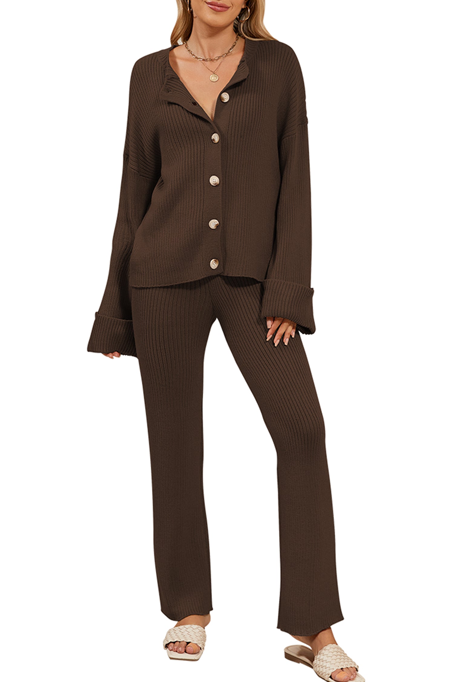 Cakulo Women's Loungewear Button Sweater & Wide Leg Pants