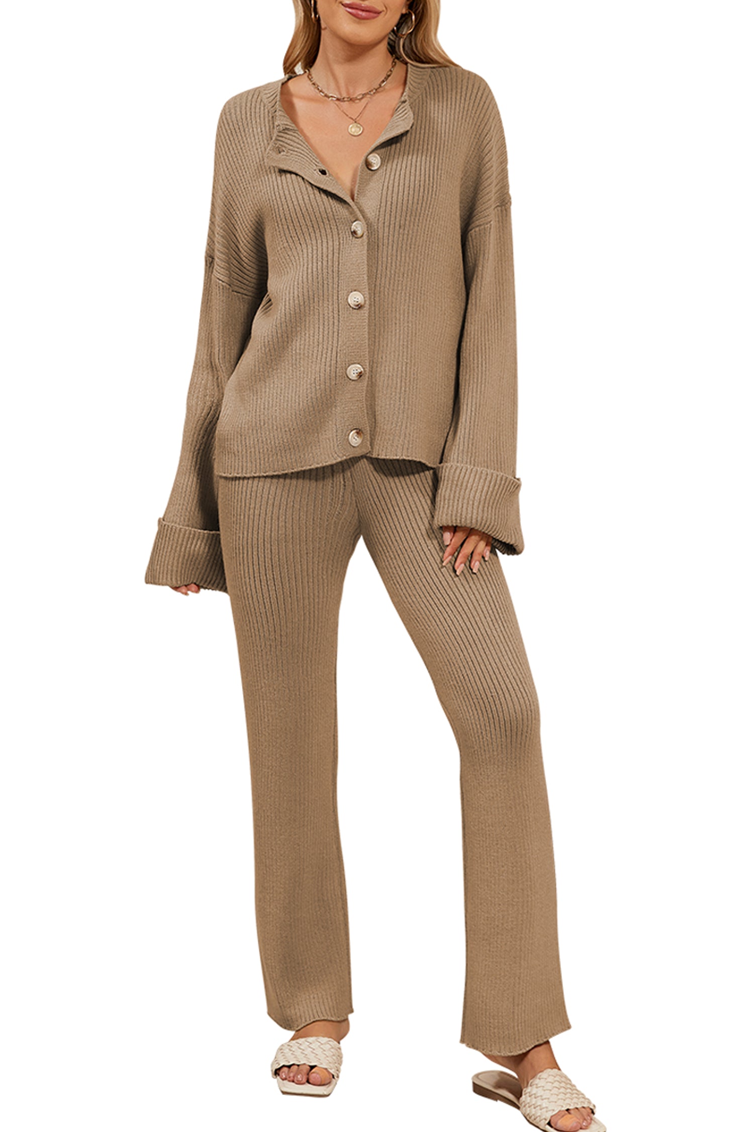 Cakulo Women's Loungewear Button Sweater & Wide Leg Pants