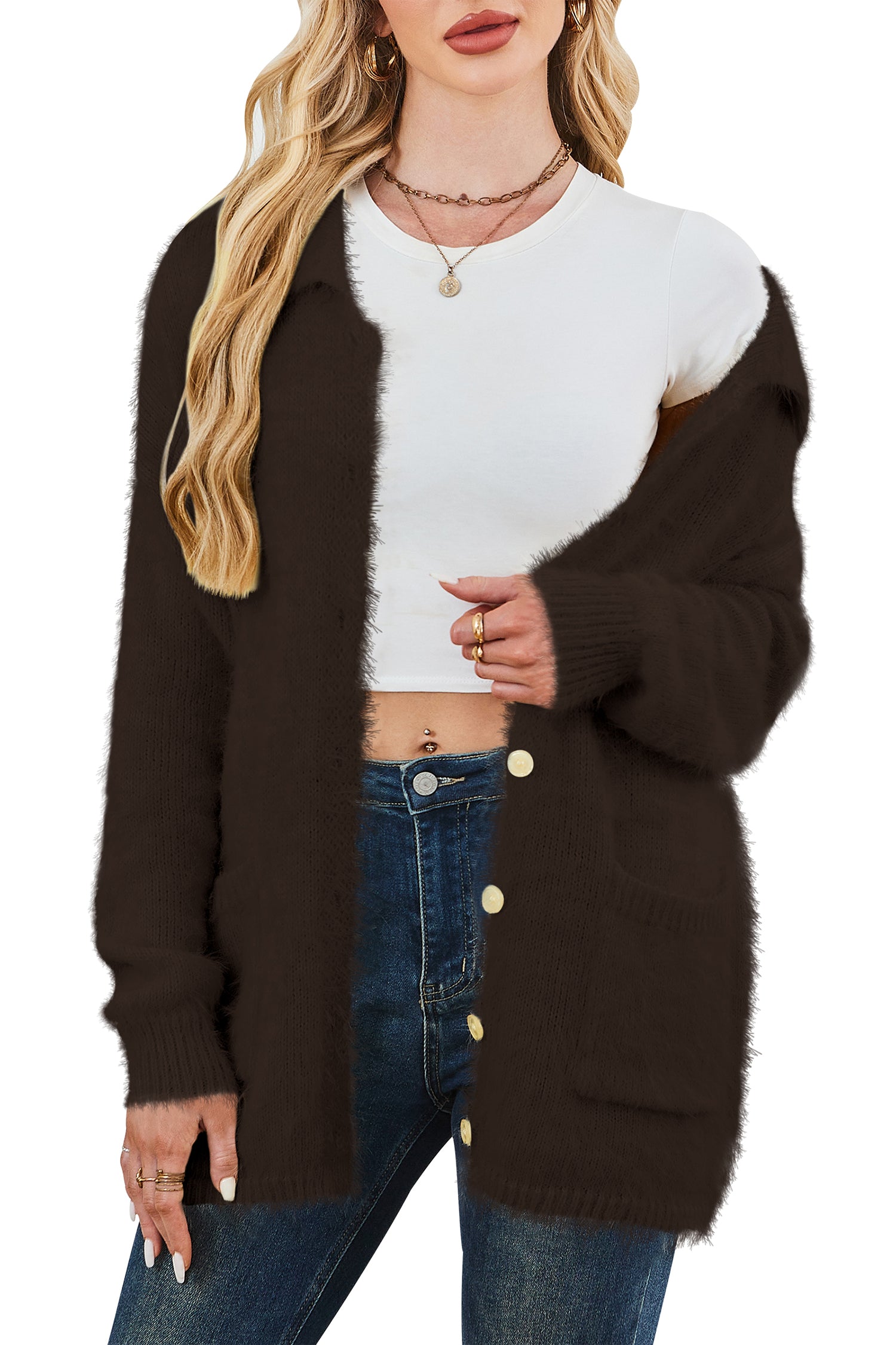 Cakulo Womens Oversized Fuzzy Collared Cardigan with Pockets for Fall/Winter