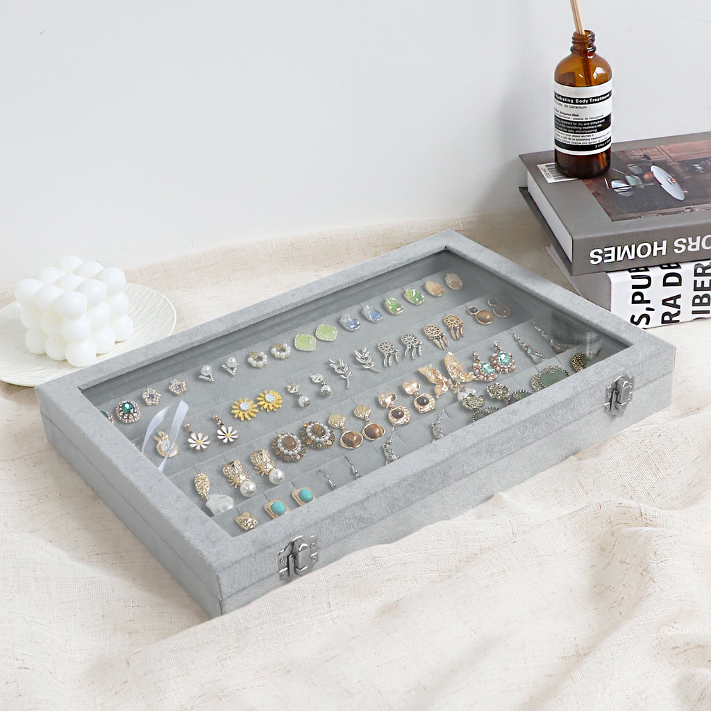 Cakulo Velvet Jewelry Organizer Tray with Clear Lid Stores Bracelets Rings Earrings