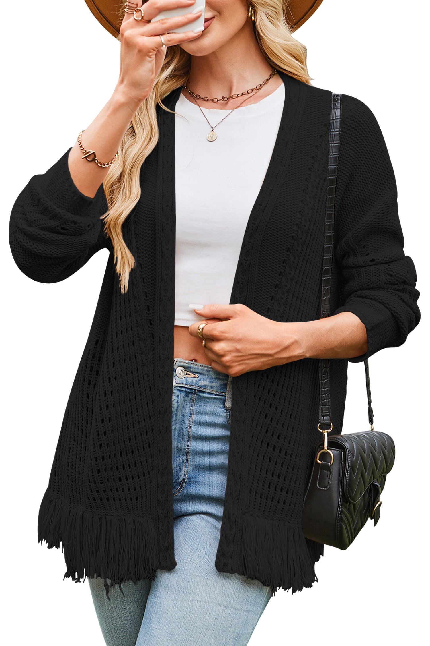 Cakulo Womens 2025 Crochet Fringe Cardigan: Lightweight, Open Front Kimono Knit