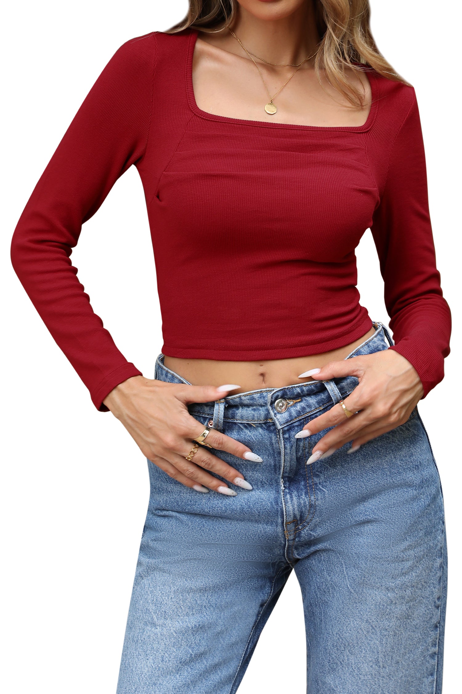 Cakulo Women's Square Neck Long Sleeve Cropped Top