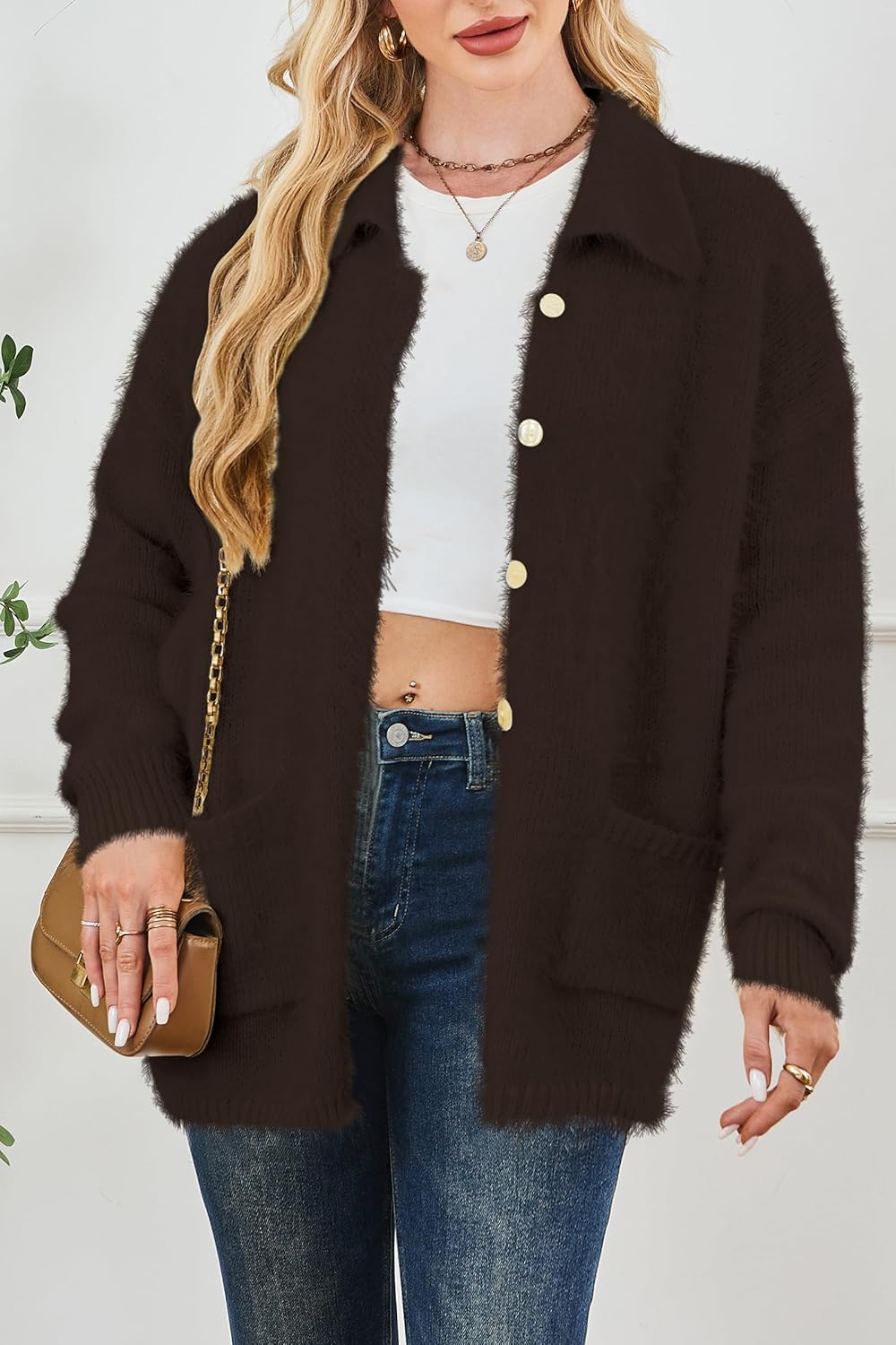 Cakulo Womens Oversized Fuzzy Collared Cardigan with Pockets for Fall/Winter