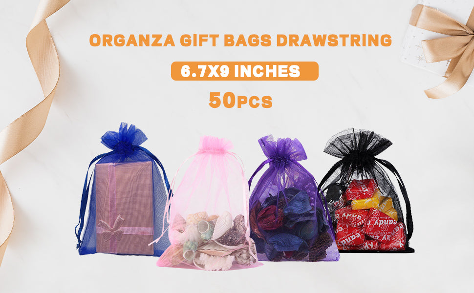 Cakulo 50pcs 6.7x9in Organza Bags Drawstring for Jewelry Candles Wine