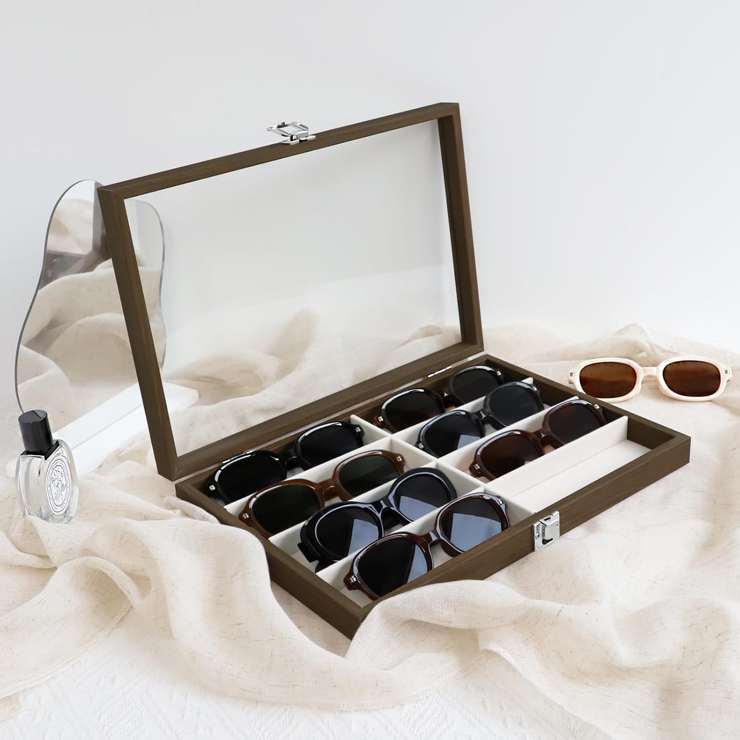 Cakulo Wooden Jewelry Sunglasses Organizer Vintage Tray with Lid for Watches
