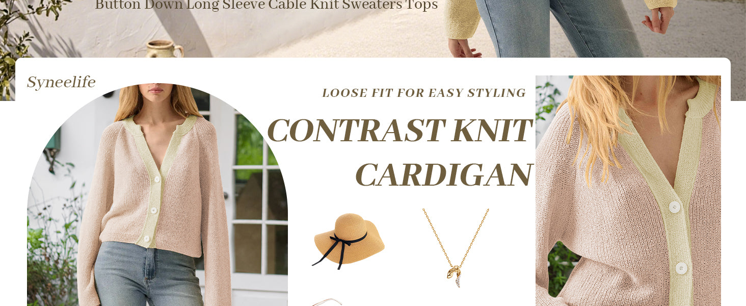 CAKULO Women Button V Neck Cardigan Sweater Contrast Knit Lightweight Long Sleeve Open Front Cropped Cardigans