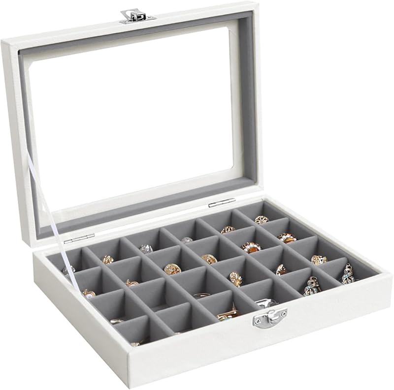 Cakulo 24 - Grid Jewelry Organizer Velvet Tray with Clear Lid Ring Earring Storage