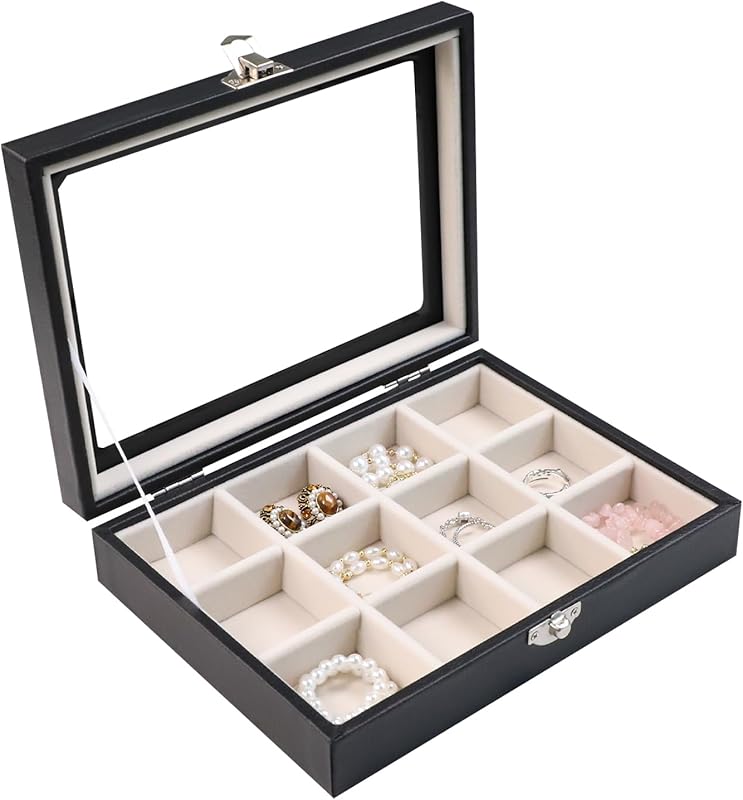 Cakulo Wood Ring Box Glass Lid Metal Clasp Velvet Lining – Jewelry Storage Display Tray