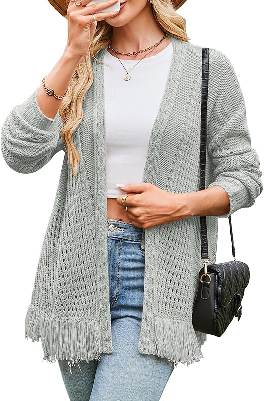 Cakulo Womens Crochet Fringe Cable Knit Oversized Cardigan