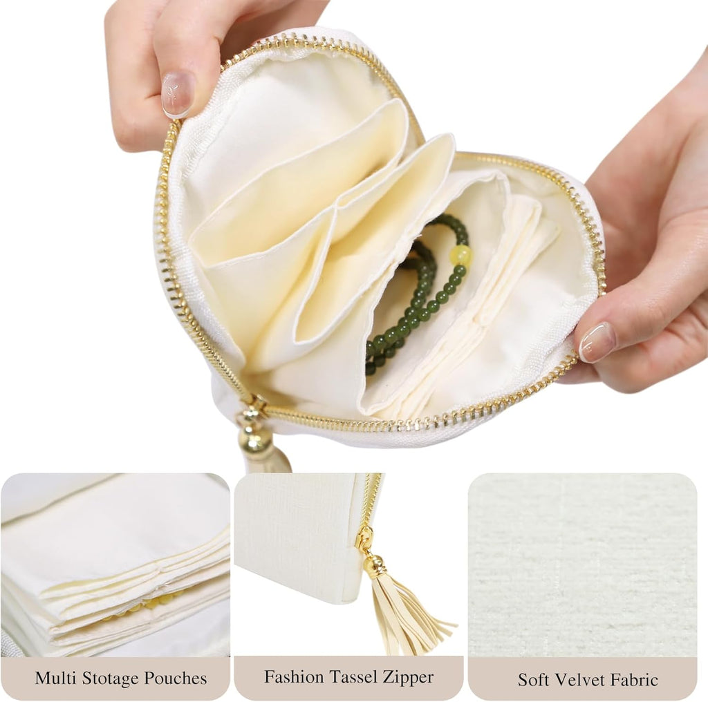 Cakulo Portable Travel Jewelry Case Pouches for Crystals Bracelets Rings—White Tassel