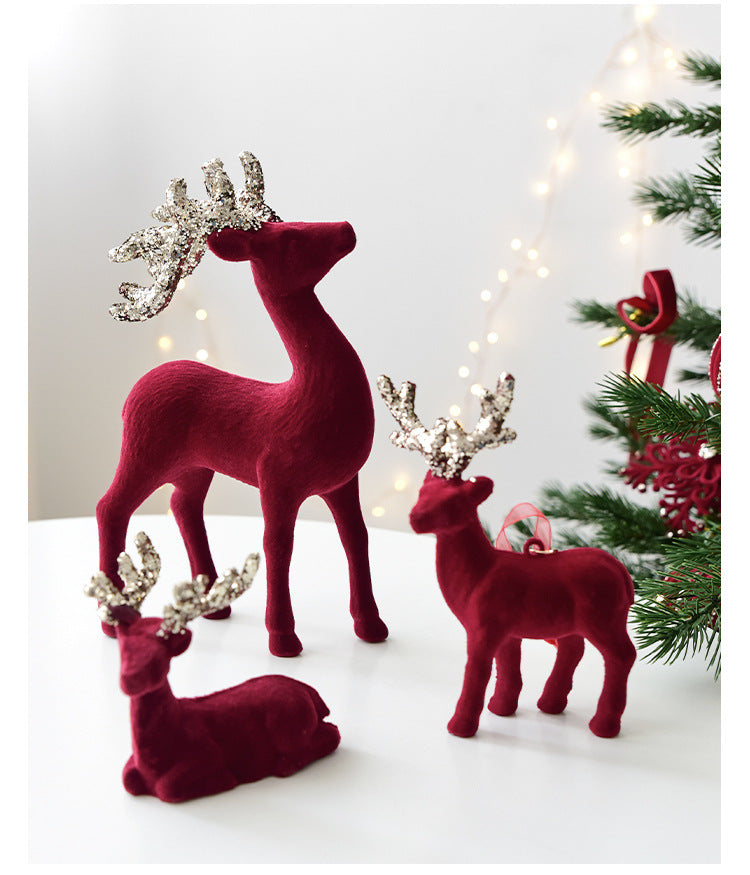 Christmas Decoration Reindeer Desktop Ornament Christmas Tree Decoration Hanging Decoration Glitter Wine Red Flocked Reindeer Pendant
