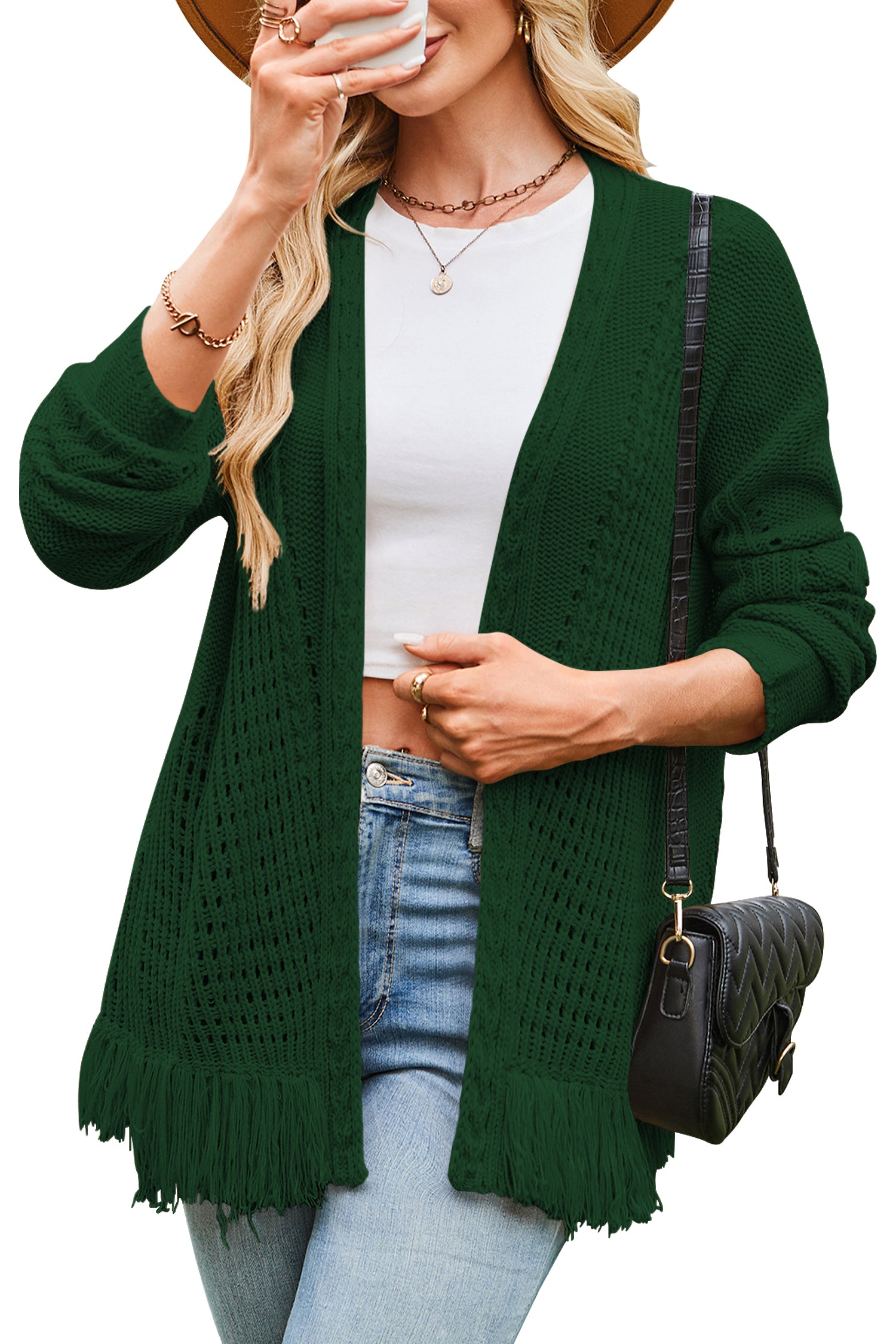 Cakulo Womens Crochet Fringe Cable Knit Oversized Cardigan
