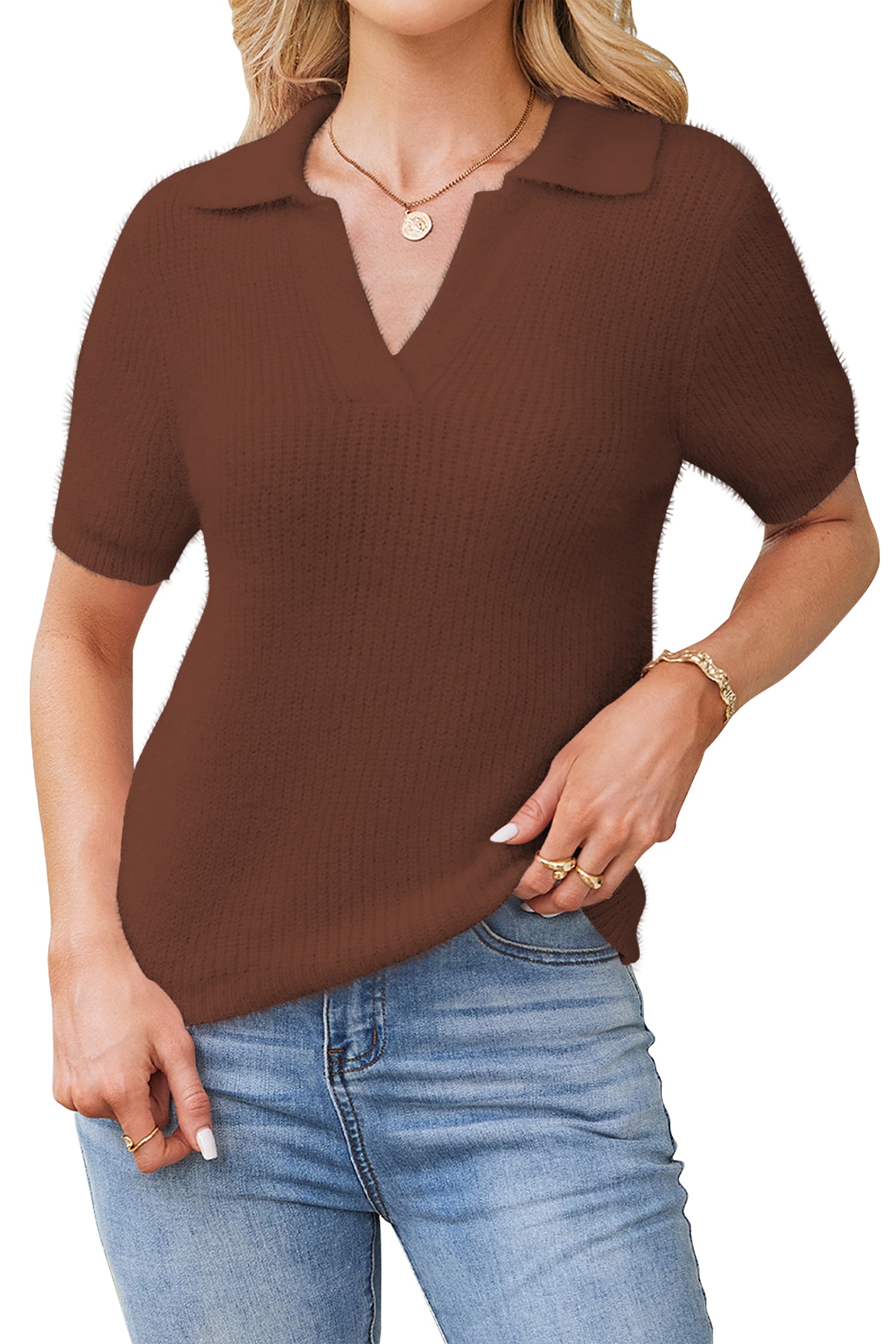 Cakulo Womens Fuzzy Cropped Short Sleeve V Neck Fall Sweaters Polo Collared Knit Pullover Sweater