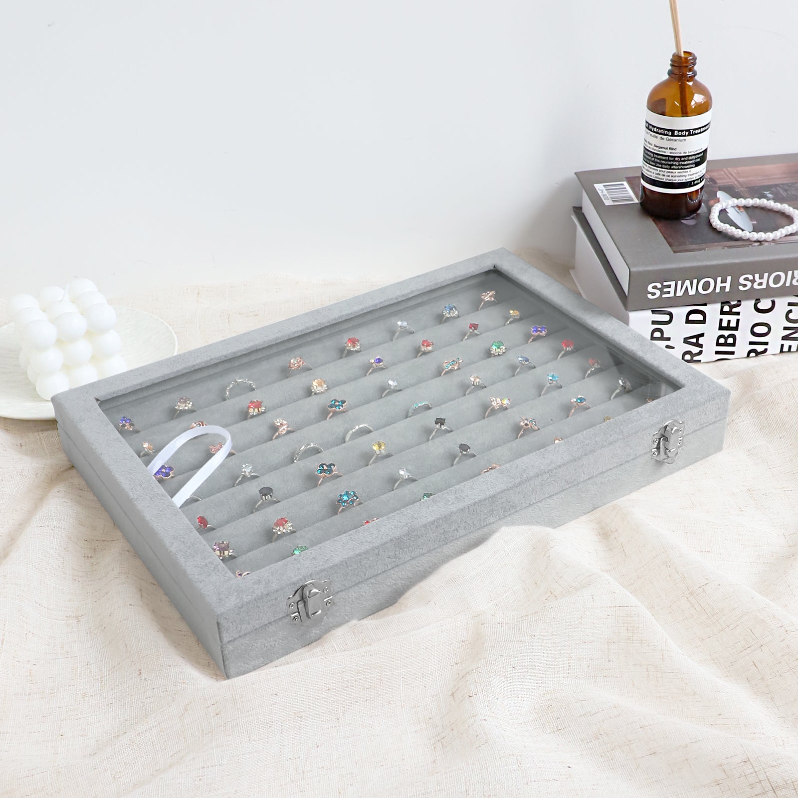 Cakulo Velvet Jewelry Organizer Tray with Clear Lid Stores Bracelets Rings Earrings