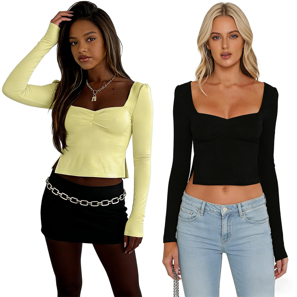 Cakulo Chic Y2K Black Crop Top for Women – Long Sleeve, Sweetheart Neckline, Ruched Slim-Fit Going-Out Shirt