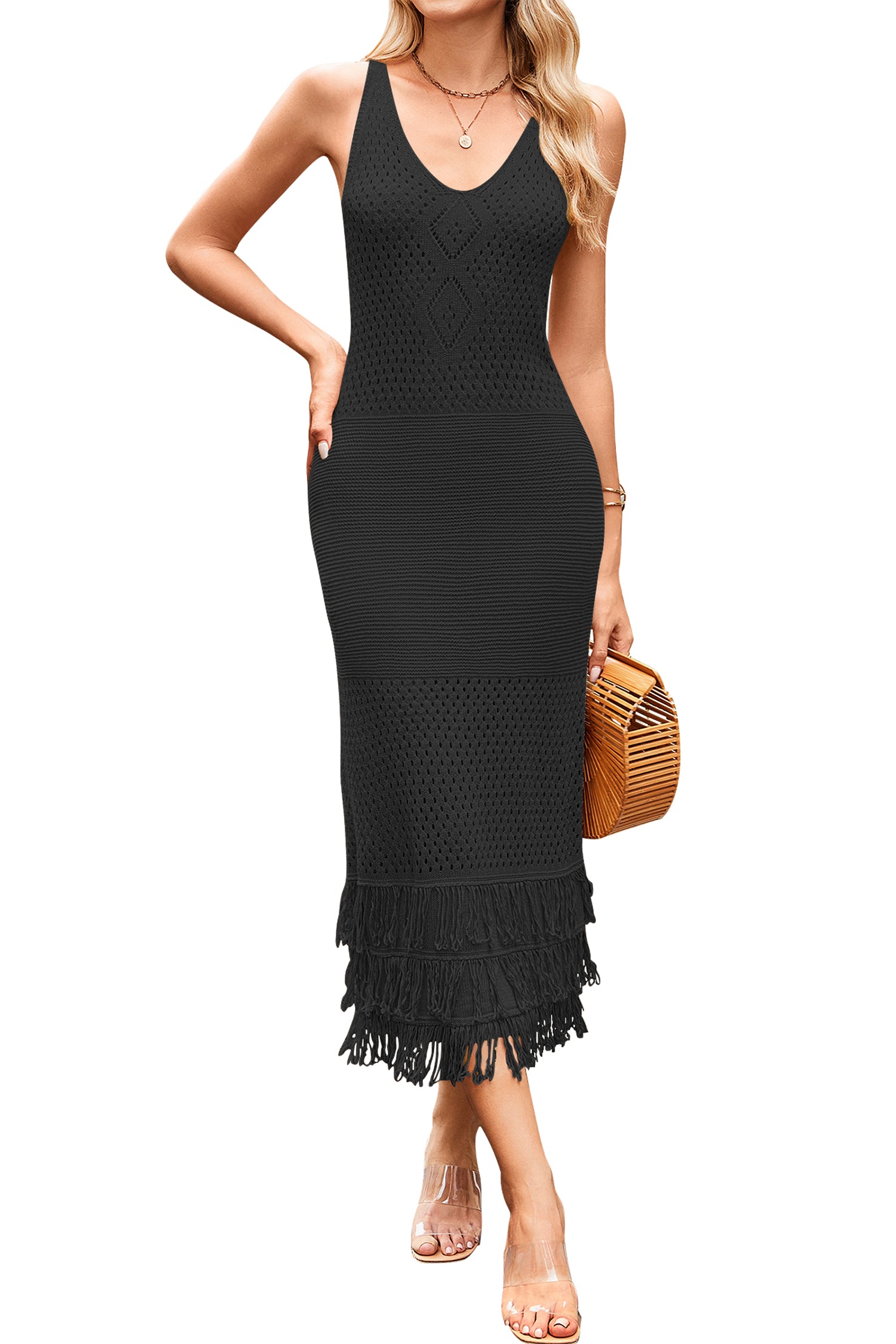 Cakulo Womens Summer Maxi Crochet V Neck Dresses