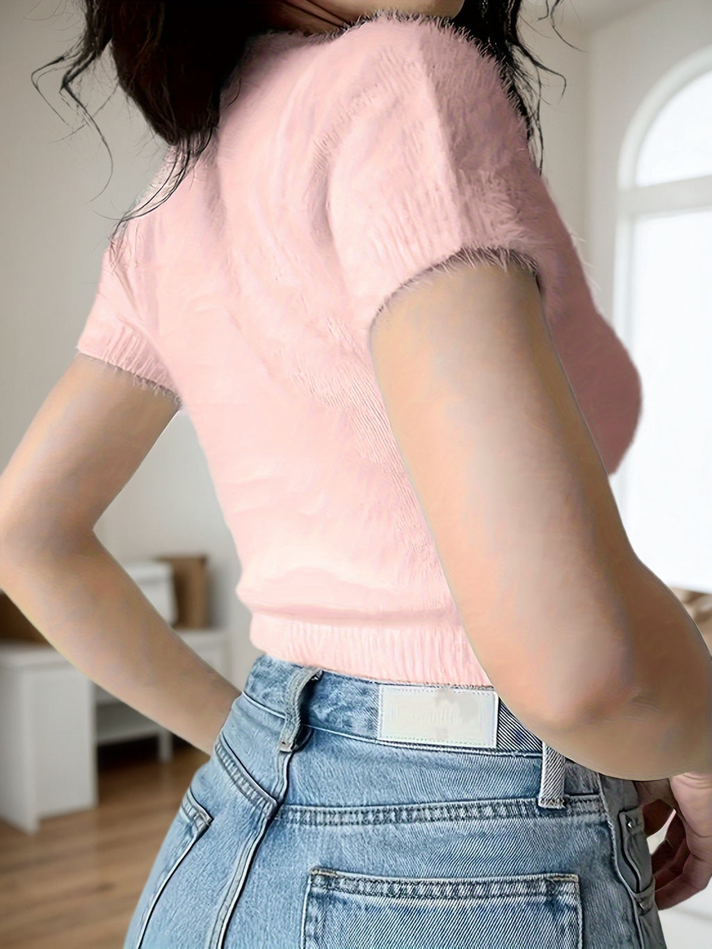 Cakulo FallFreshness Women's Pink Short Sleeve Knitted Crop Top with Heart Pattern Slim Fit Crewneck Soft Fluffy Fabric Casual Style