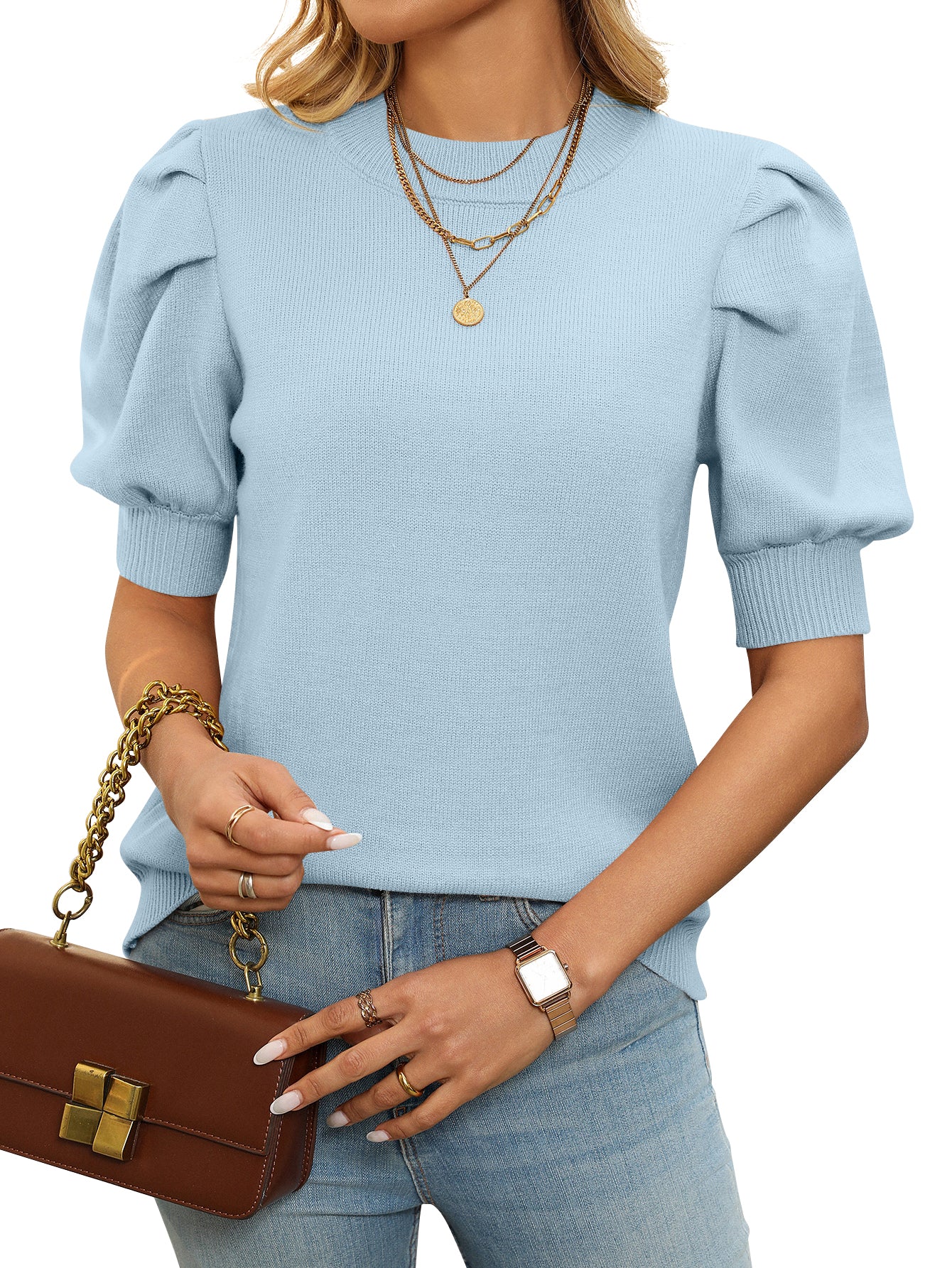 Cakulo Short Sleeve Sweater for Women 2026 Spring Summer Blouses Crewneck Knit
