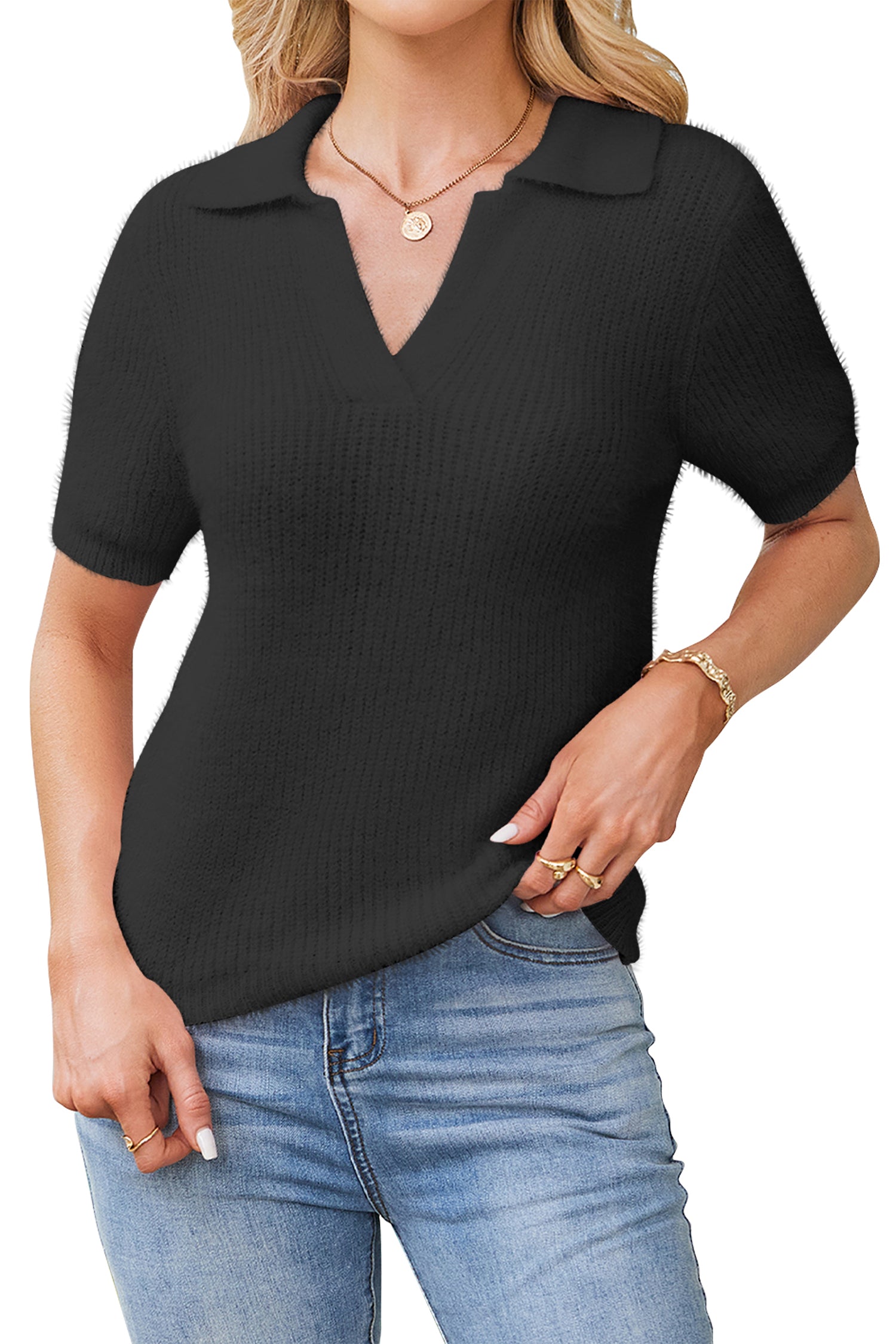 Cakulo Womens Fuzzy Cropped Short Sleeve V Neck Fall Sweaters Polo Collared Knit Pullover Sweater