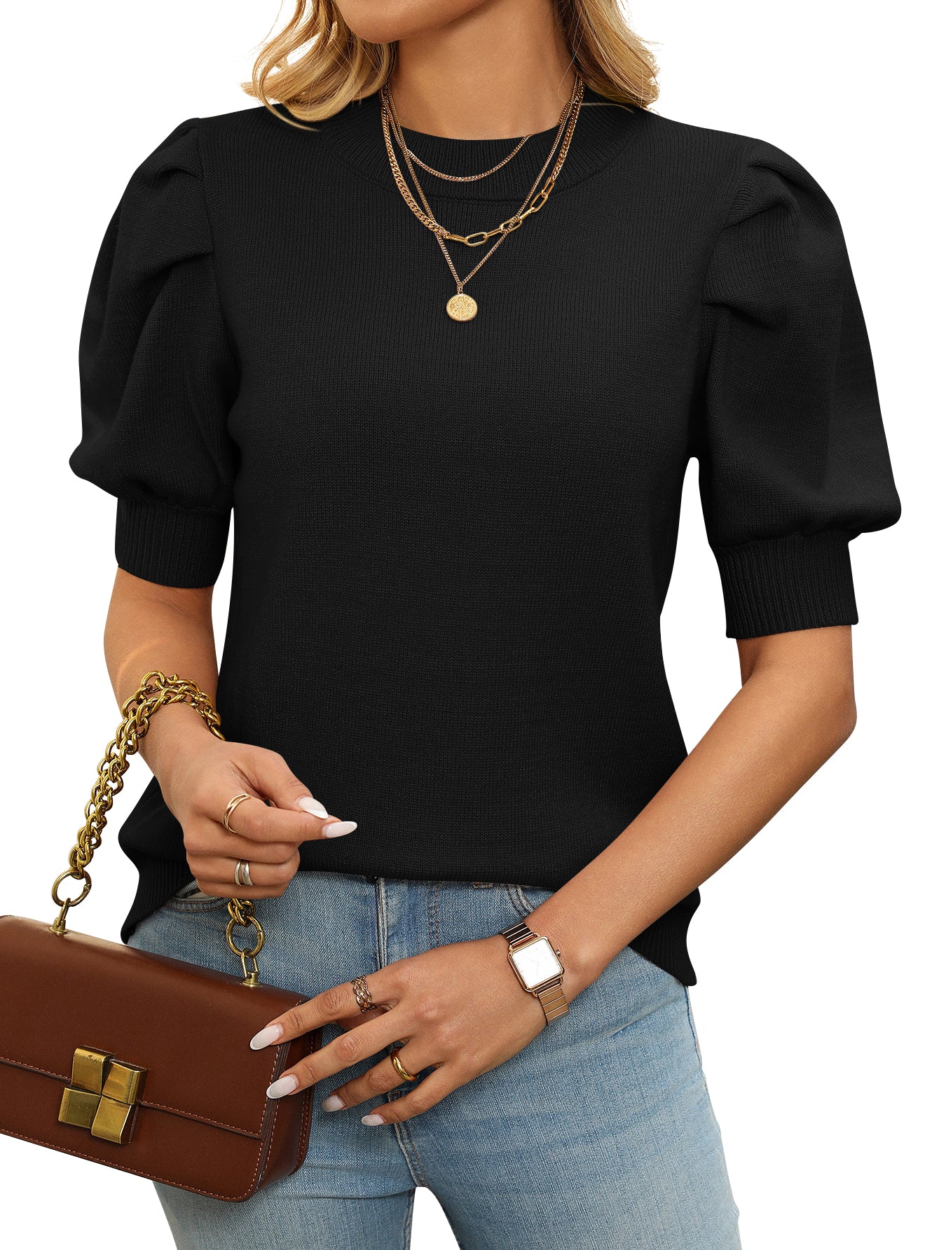 Cakulo Short Sleeve Sweater for Women 2026 Spring Summer Blouses Crewneck Knit