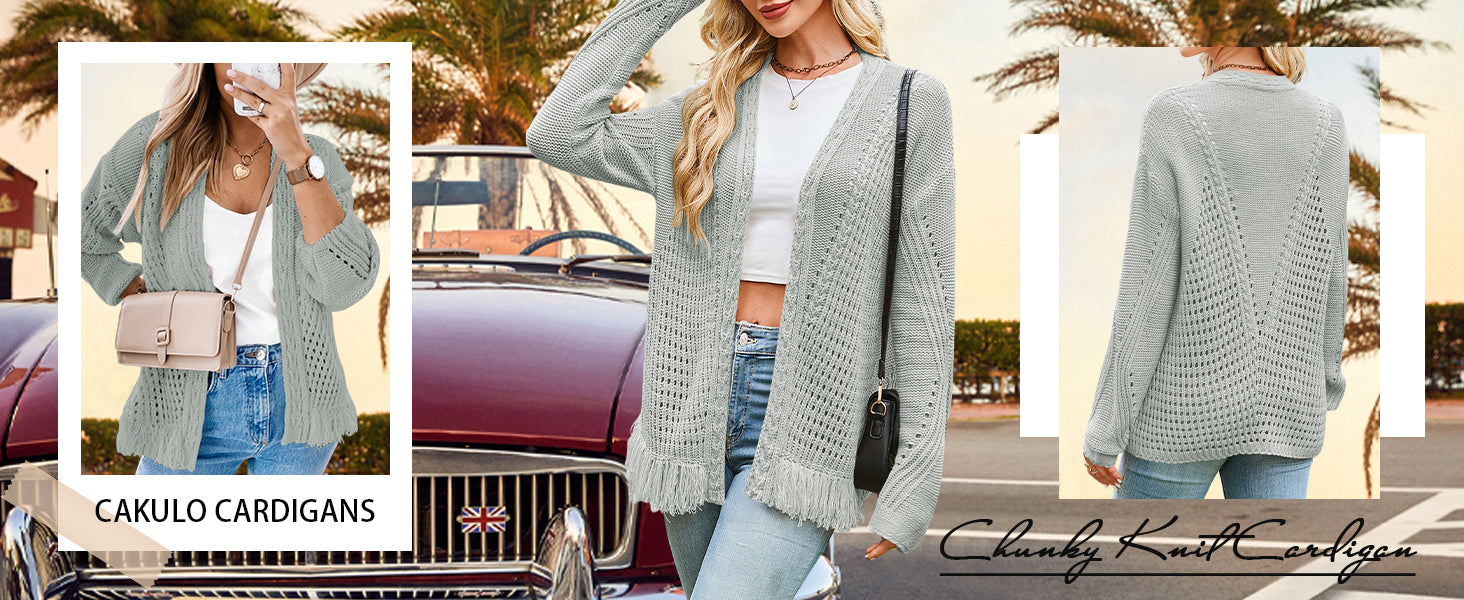 Cakulo Womens Crochet Fringe Cable Knit Oversized Cardigan