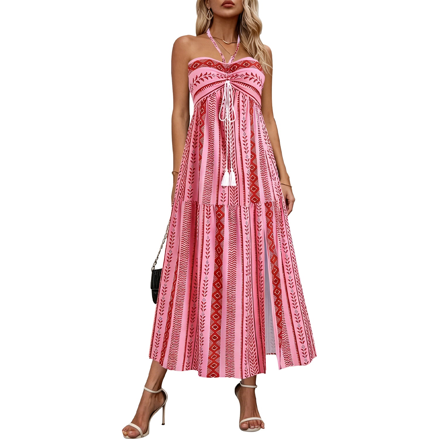 Cakulo Women's Boho Halter Neck Maxi Dress  Ethnic Print High Slit Drawstring Waist Beach Vacation Outfit
