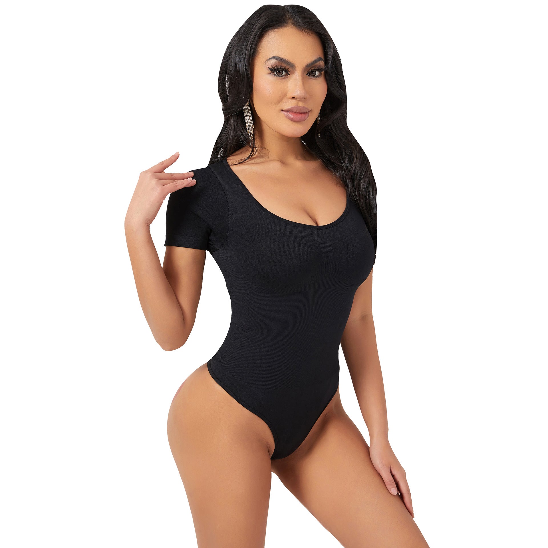 Cakulo Butt-Lifting Waist-Cinching Seamless Short-Sleeve Thong Shapewear Bodysuit