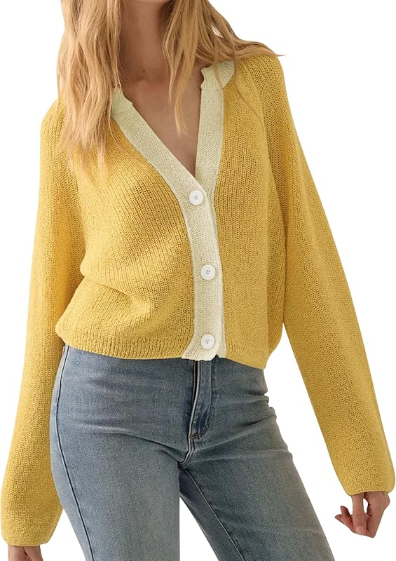 CAKULO Women Button V Neck Cardigan Sweater Contrast Knit Lightweight Long Sleeve Open Front Cropped Cardigans