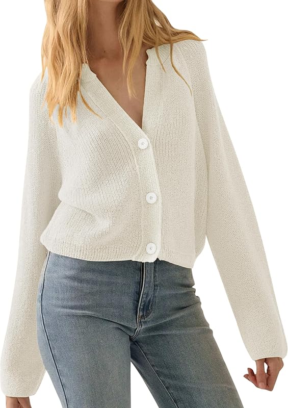 CAKULO Women Button V Neck Cardigan Sweater Contrast Knit Lightweight Long Sleeve Open Front Cropped Cardigans