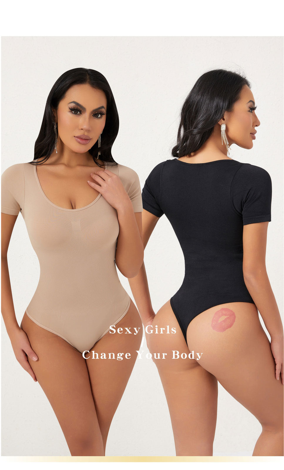 Cakulo Butt-Lifting Waist-Cinching Seamless Short-Sleeve Thong Shapewear Bodysuit