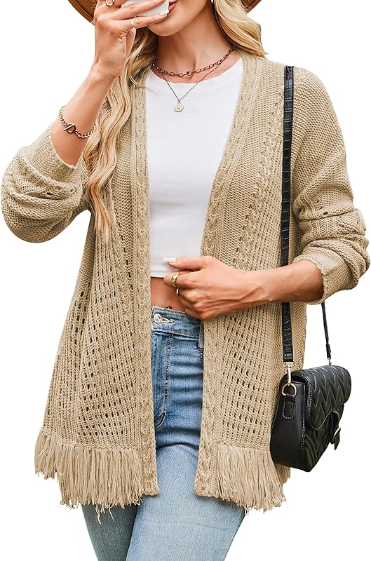 Cakulo Womens Crochet Fringe Cable Knit Oversized Cardigan