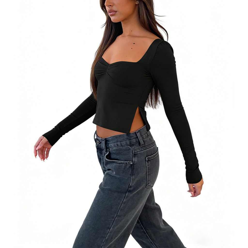 Cakulo Chic Y2K Black Crop Top for Women – Long Sleeve, Sweetheart Neckline, Ruched Slim-Fit Going-Out Shirt