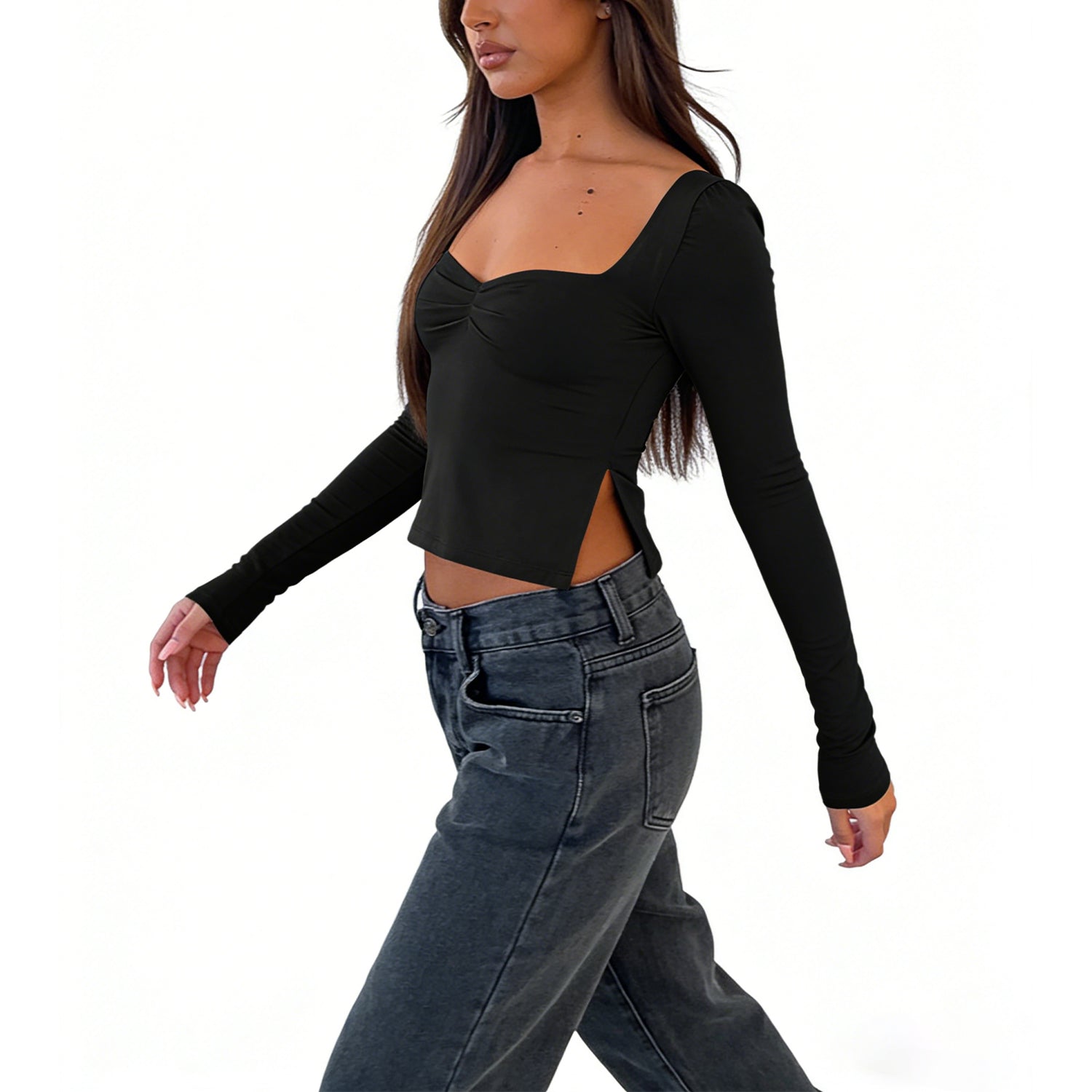Cakulo Chic Y2K Black Crop Top for Women – Long Sleeve, Sweetheart Neckline, Ruched Slim-Fit Going-Out Shirt