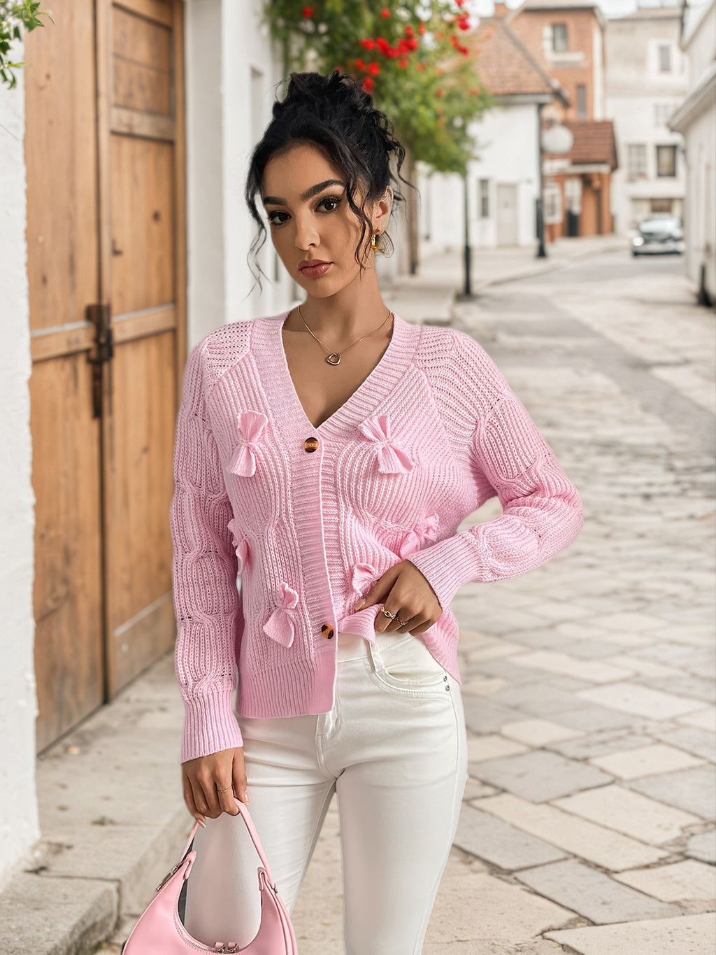 Cakulo Pink Bow-Tie Long-Sleeve Knitted Cardigan for Women - Chic Fitted Style with Geometric Patterns & V-neckline for Casual Layering