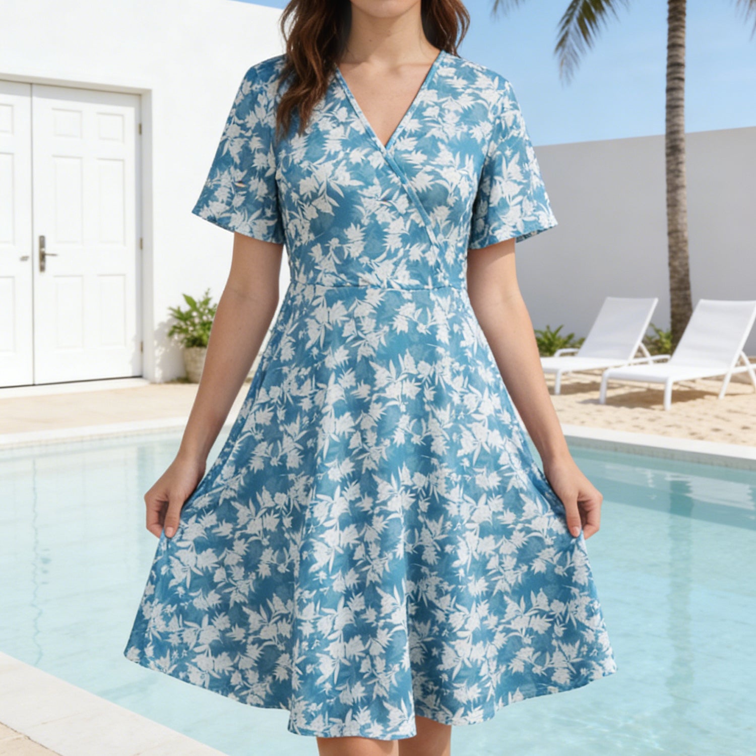 Cakulo Women's V-Neck Floral Print Short Sleeve Wrap Dress – Summer Casual A-Line Beach Vacation Dress