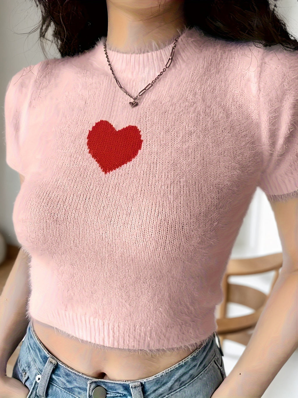 Cakulo FallFreshness Women's Pink Short Sleeve Knitted Crop Top with Heart Pattern Slim Fit Crewneck Soft Fluffy Fabric Casual Style