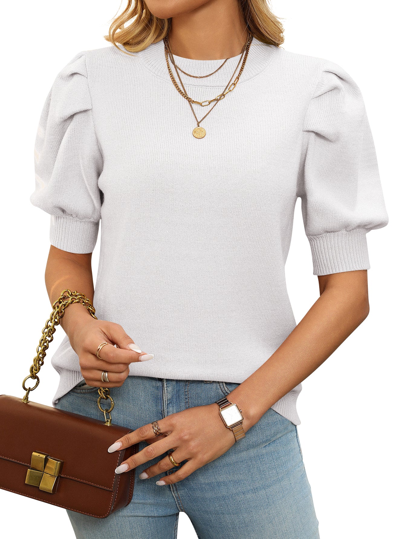 Cakulo Short Sleeve Sweater for Women 2026 Spring Summer Blouses Crewneck Knit