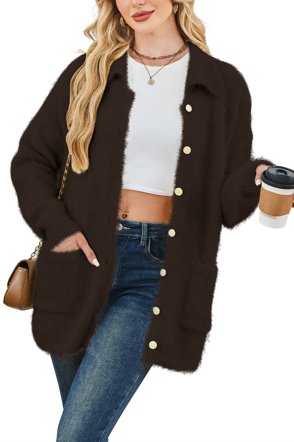 Cakulo Womens Oversized Fuzzy Collared Cardigan with Pockets for Fall/Winter