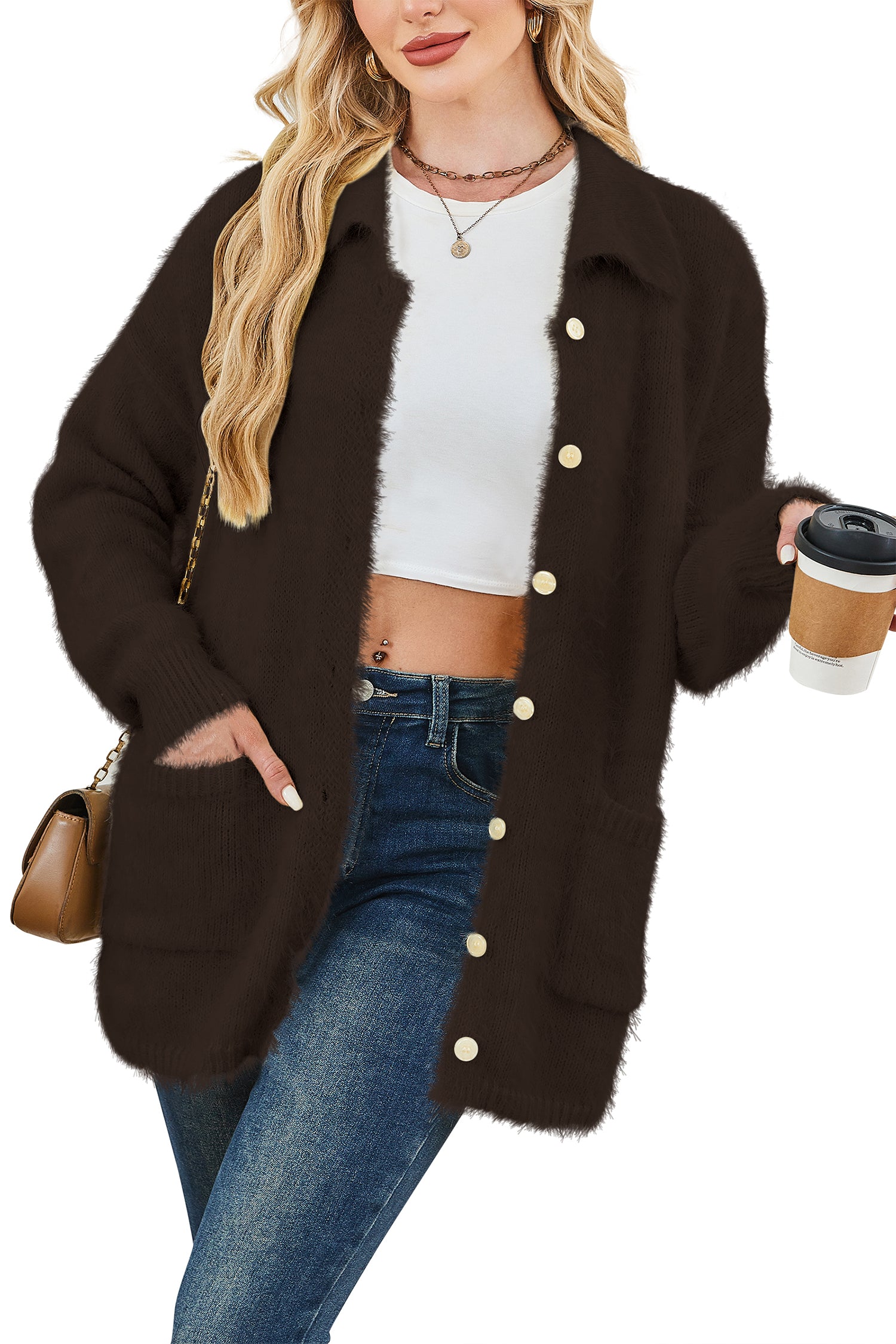 Cakulo Womens Oversized Fuzzy Collared Cardigan with Pockets for Fall/Winter