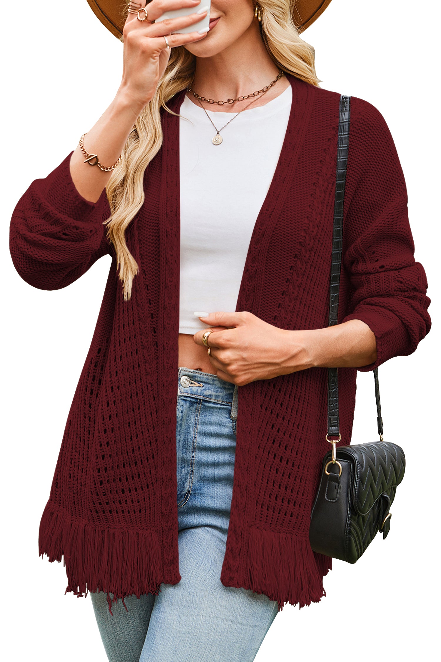 Cakulo Womens 2025 Crochet Fringe Cardigan: Lightweight, Open Front Kimono Knit