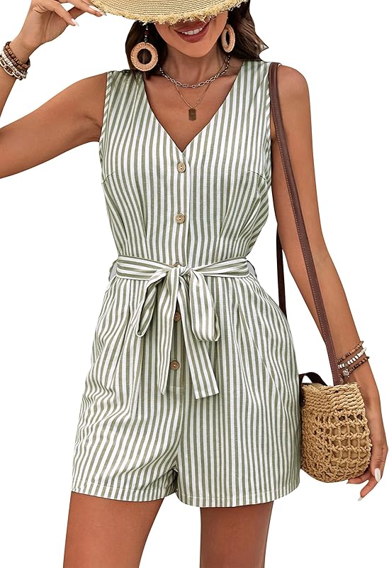 CAKULO Women V - Neck Linen Striped Sleeveless Rompers w/Belt