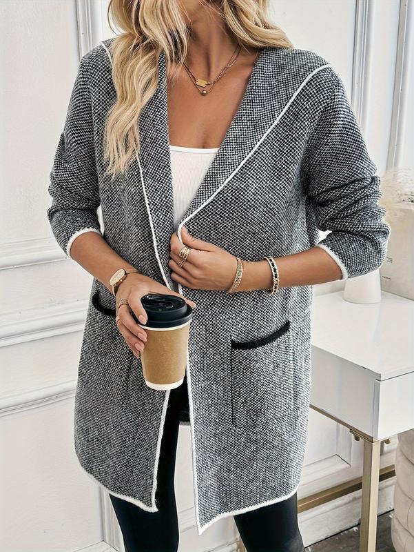 Cakulo FallFreshness Women's Knitwear Chic Fitted Long Sleeve Cardigan with Color-Blocking & Fine Edge Embellishment Hooded Mid-Length Tops