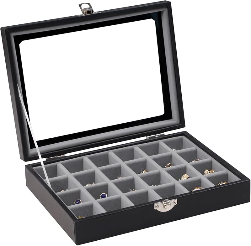Cakulo 24 - Grid Jewelry Organizer Velvet Tray with Clear Lid Ring Earring Storage
