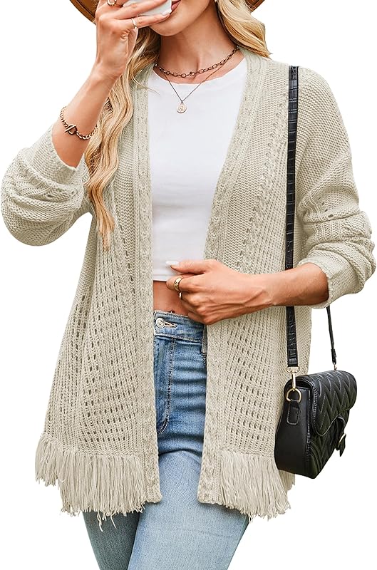 Cakulo Womens Crochet Fringe Cable Knit Oversized Cardigan