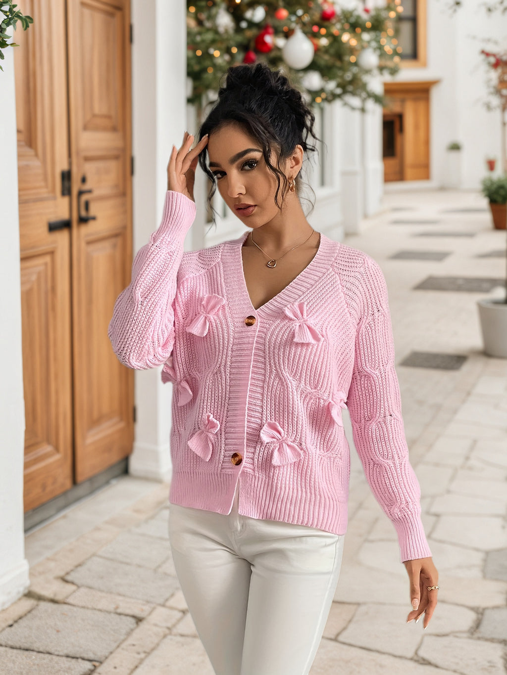 Cakulo Pink Bow-Tie Long-Sleeve Knitted Cardigan for Women - Chic Fitted Style with Geometric Patterns & V-neckline for Casual Layering