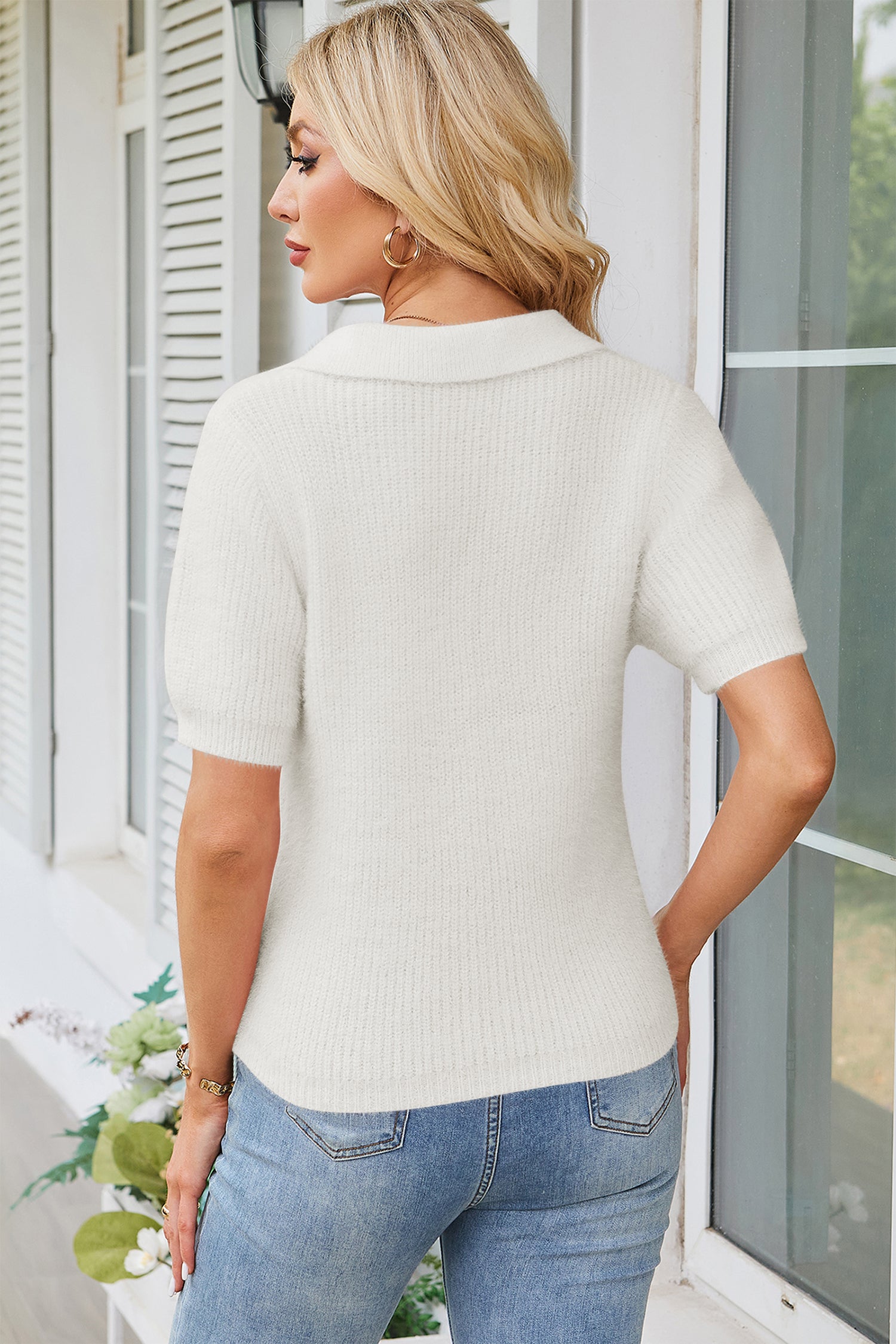 Cakulo Womens Fuzzy Cropped Short Sleeve V Neck Fall Sweaters Polo Collared Knit Pullover Sweater