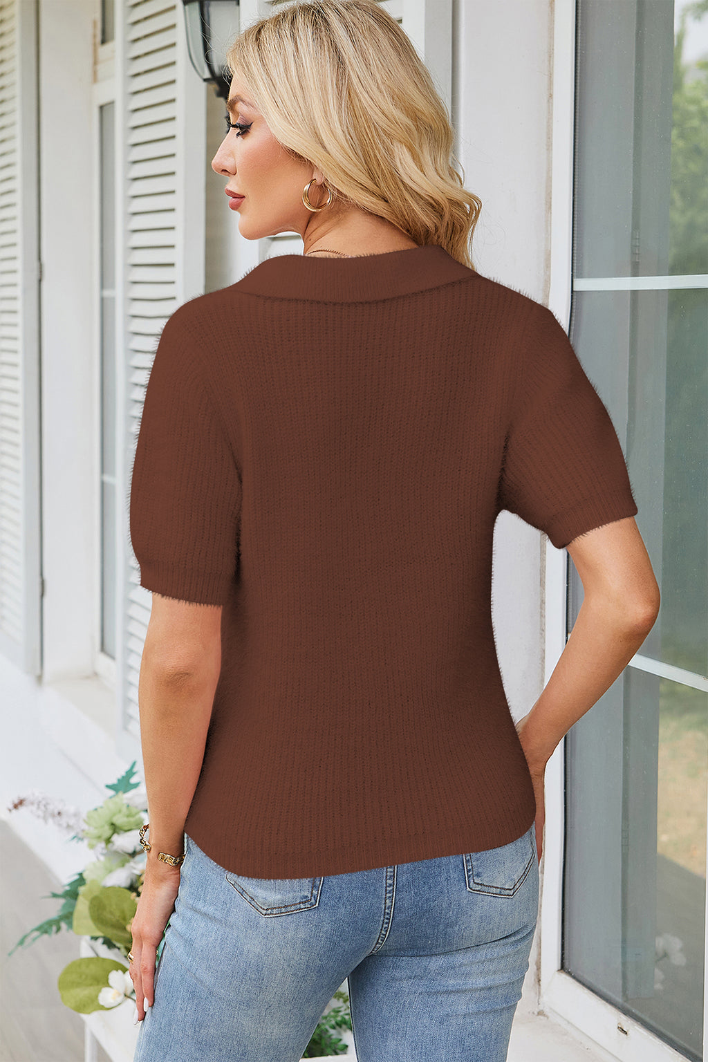 Cakulo Womens Fuzzy Cropped Short Sleeve V Neck Fall Sweaters Polo Collared Knit Pullover Sweater