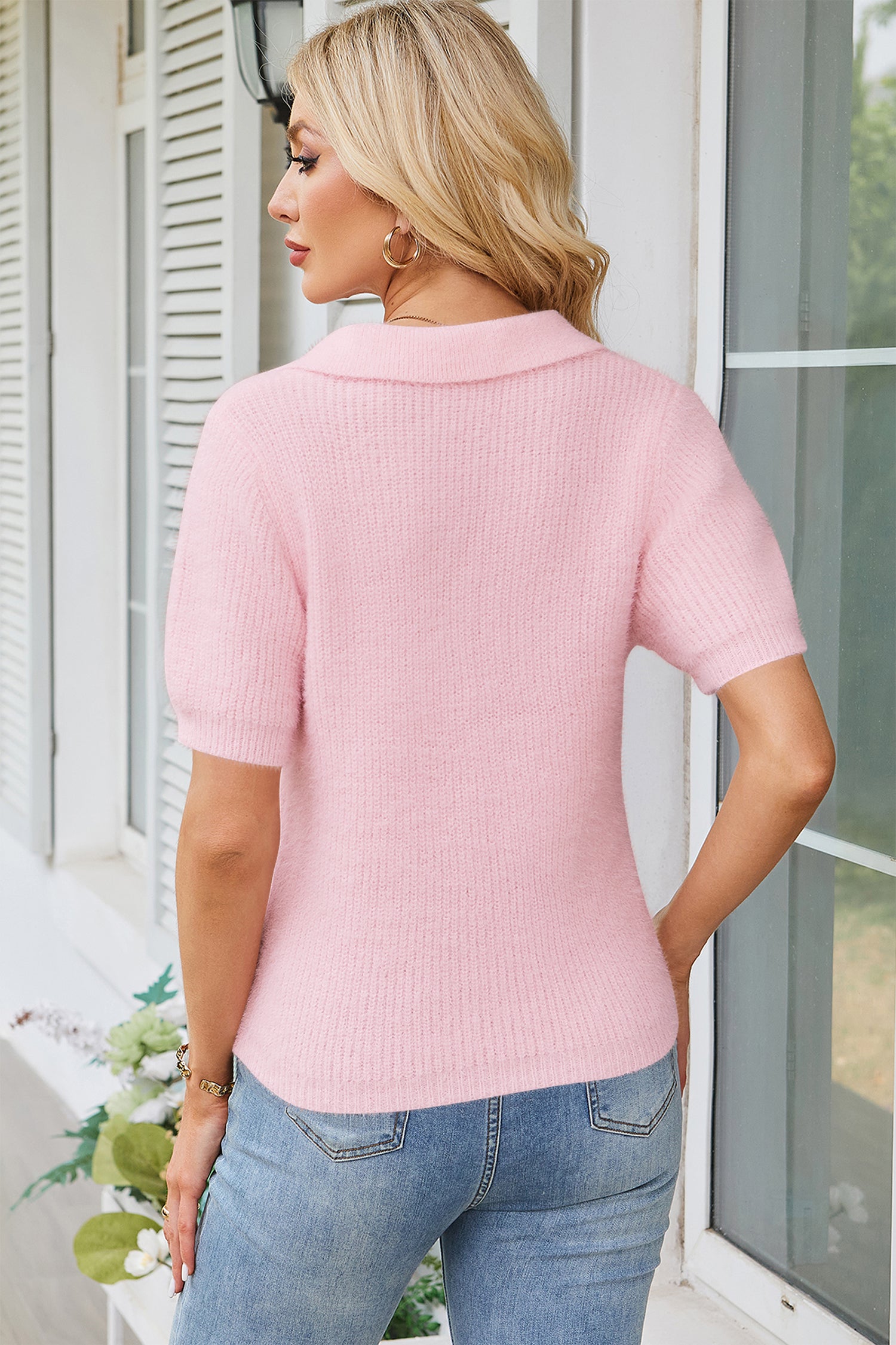 Cakulo Womens Fuzzy Cropped Short Sleeve V Neck Fall Sweaters Polo Collared Knit Pullover Sweater