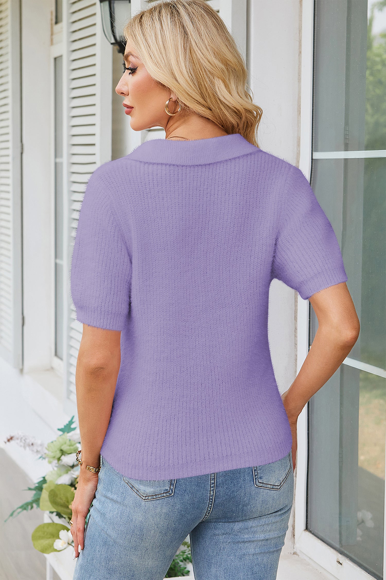 Cakulo Womens Fuzzy Cropped Short Sleeve V Neck Fall Sweaters Polo Collared Knit Pullover Sweater